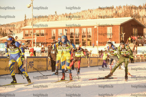 01.12.2021, xetx, Biathlon IBU Cup Sjusjoen, Super Sprint Men, v.l. Emil Nykvist (SWEDEN), Marco Gross (GERMANY), Viktor Brandt (SWEDEN)  / 